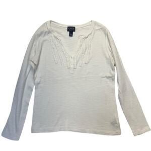 Chaps Classics White Ruffle Trim V Neck Long Sleeve Cotton Tee Women’s Large